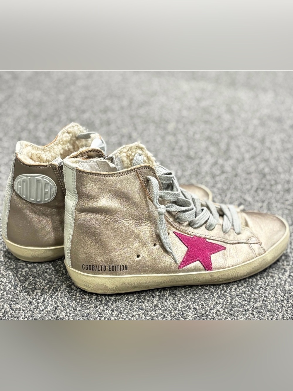 Golden Goose Gold Metallic High-Top Sneakers with Pink Star